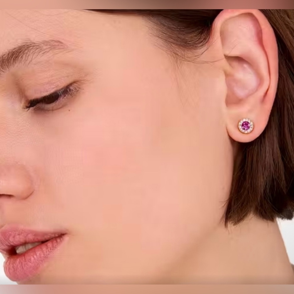 Late Spade “You're A Gem” Pink and Gold Stud Pave Halo Stud earrings w/dust bag - Picture 4 of 6